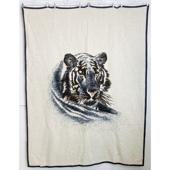 Vintage Plush Blanket Tiger Lion Face Brown Tan Reversible RARE Biederlack Style - Picture 3 of 16